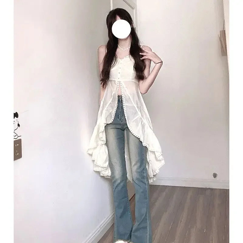 LIZAKOSHT  -  White Ruffled Shirt Camis Dress Sexy Vestidos De Mujer Irregular Robe Femme Summer New Y2k Dresses Slim