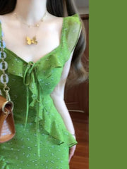 LIZAKOSHT  -  French Style Floral Print Backless Fish Tail Long Dress Summer Vacation Casual Loose Fit A-Line Skirt Green Leaf