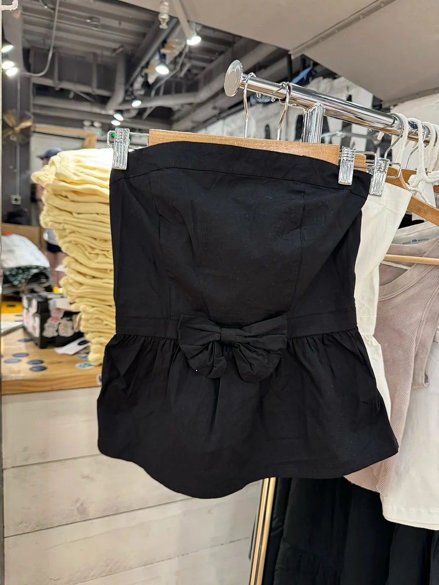 LIZAKOSHT  -  Black Bow Decor Strapless Tube Top Woman Summer Elastic Waist Sleeveless Slim Crop Tops Solid Sweet Preppy Style Cotton New Vest