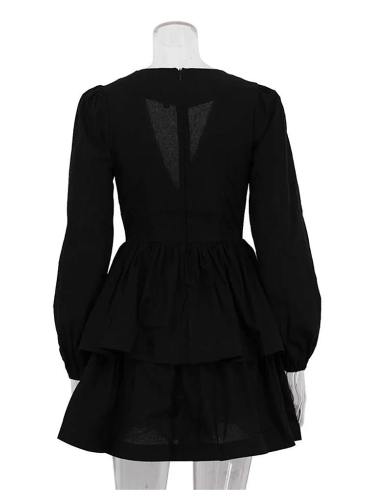 LIZAKOSHT  -  Summer Black Ruffled Mini Dress Female V-Neck Long Sleeve Solid Commute Elegant Party Dress Evening Women's Bodycon Dress