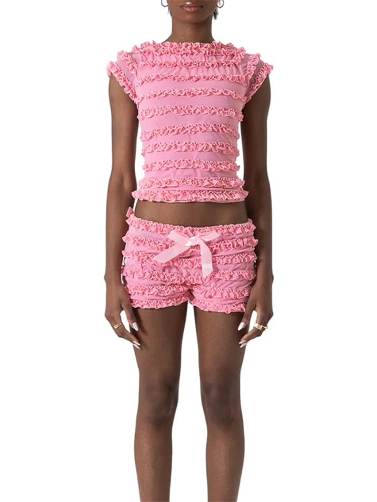 LIZAKOSHT  -  Fashion Pleated Women's Two Piece Suit O-neck Sleeveless Backless Top Loose Bow Short Pants 2025 Summer Female Causal Outfits