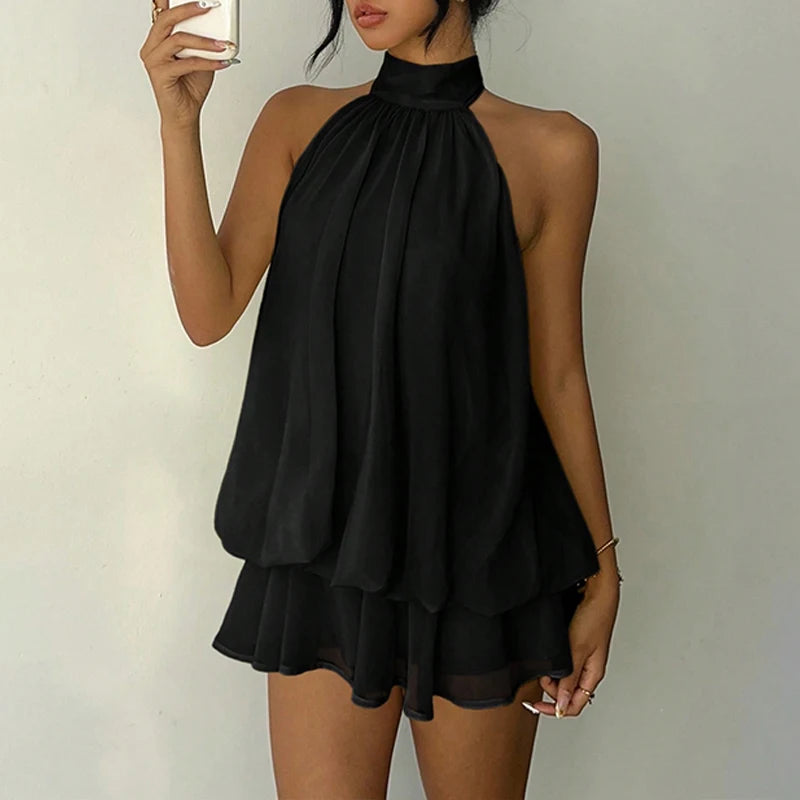 LIZAKOSHT  -  Beach Vacation Summer Ruffles Mini Sleeveless Dress Women's Fashion Solid Color Hanging Neck Open Back Pleated Dresses
