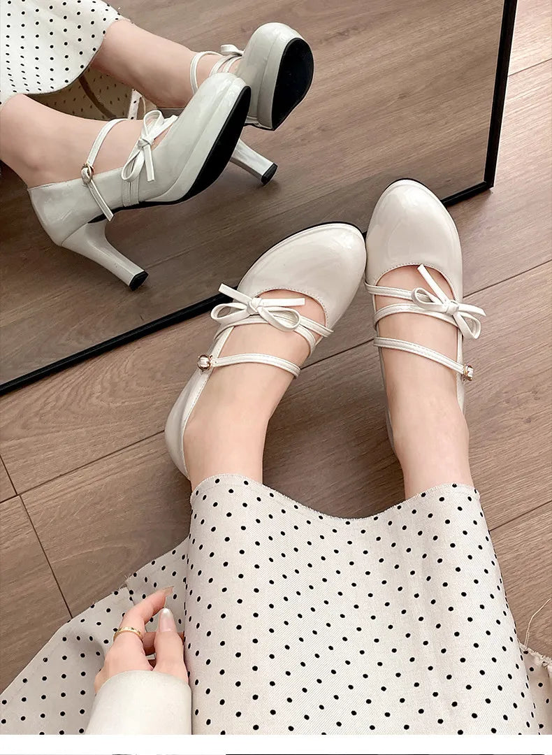 LIZAKOSHT  -  Platform Thick Heel Women JK Mary Jane Shoes Fashion Banquet Party Pumps New Spring Women's Butterfly-knot Dress Leather Shoes