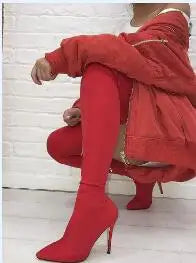 LIZAKOSHT  -  Women's Boots Green Color Over The Knee Boots Fashion Personality Stiletto Elastic Side Zipper Long Boots Large Size 34-43