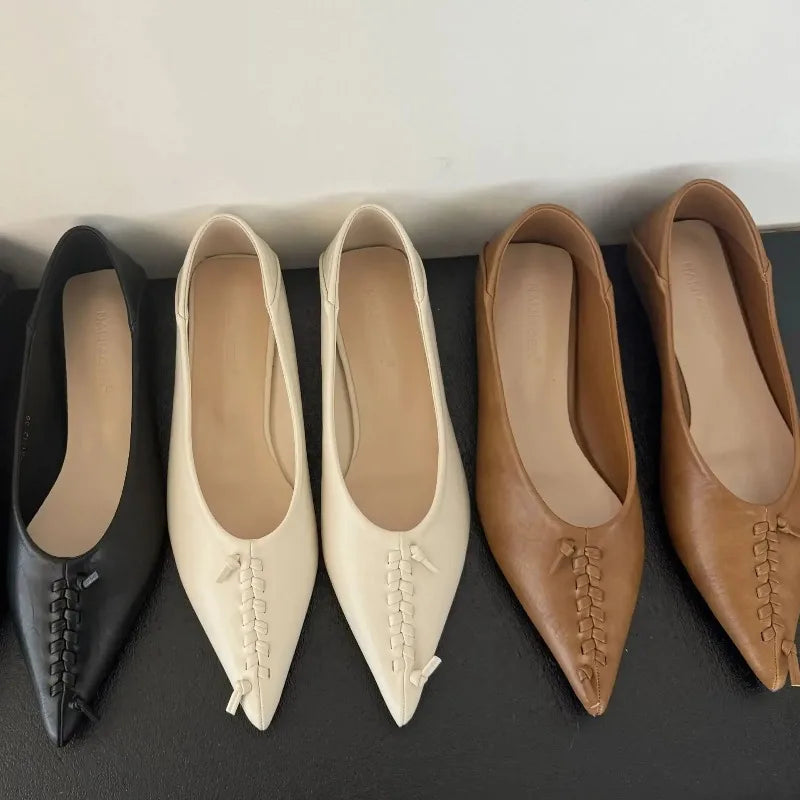 LIZAKOSHT  -  Elegant Soft Leather Flat Heel Shoes Spring New Arrival Solid Color Pointed Toe Low Heel Flat Foot Women's Sandals Single