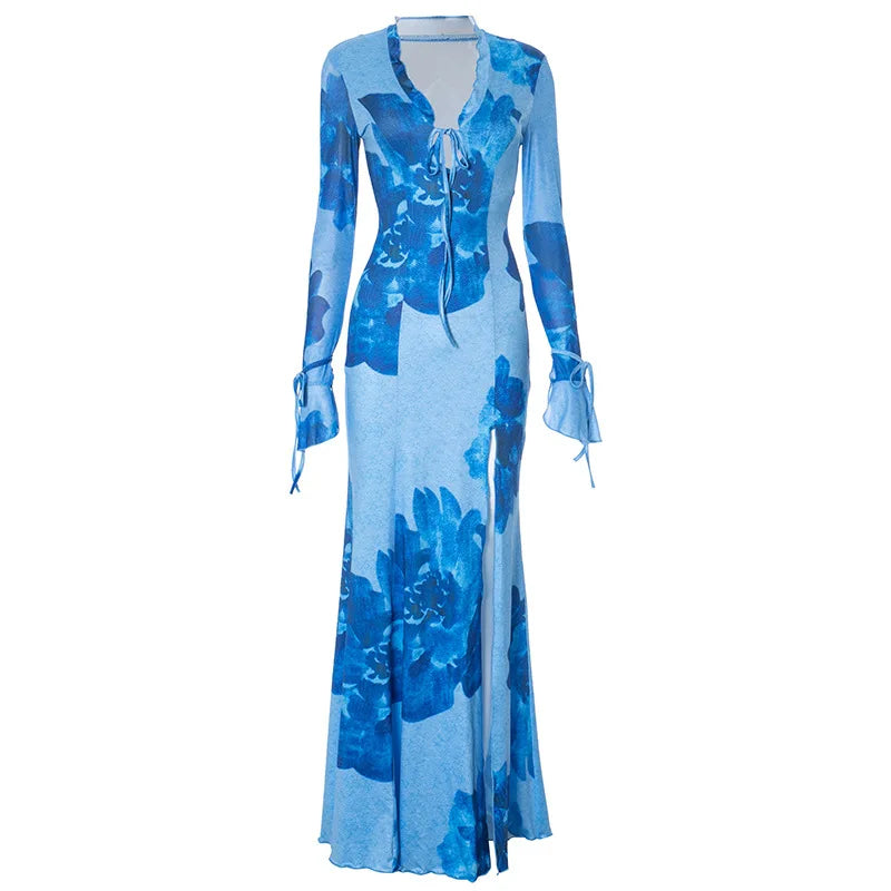 LIZAKOSHT  -  Chiffon Elegant Printed Long Dress V-neck Straps Long Sleeves Dresses Beach Banquet Vestidos Maxi Dress Beach Wear Bikinii Cover