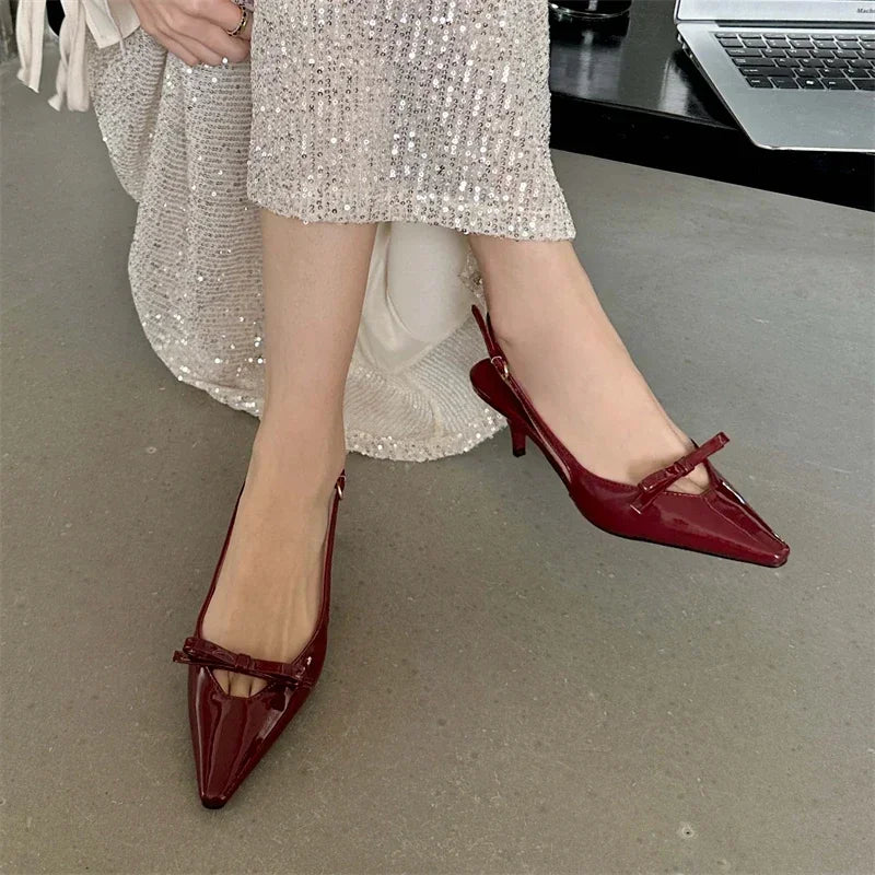 LIZAKOSHT  -  Patent Leather Bow Sandals Women Pumps Pointed Toe Low Heel Slingback Shoe Ladies Shallow Fashion Elegant High Heels Dress Shoes