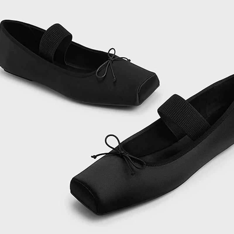 LIZAKOSHT  -  sweet pink silk flat shoes woman square toe bowtie ballet flats silver leather mary janes shoes elastic band moccasions women