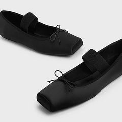 LIZAKOSHT  -  sweet pink silk flat shoes woman square toe bowtie ballet flats silver leather mary janes shoes elastic band moccasions women