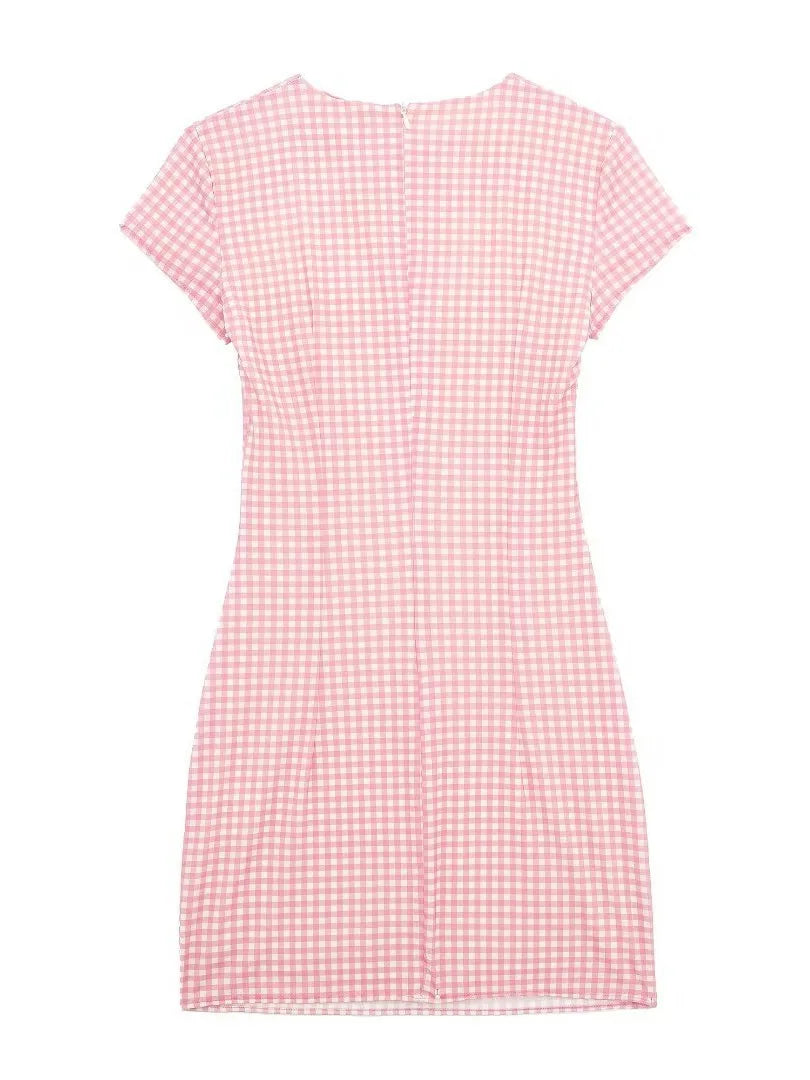 LIZAKOSHT  -  Spring/summer European and American Ladies' Short-sleeved Dresses with Small Plaid Pink Ribbons and Knotted Bows.