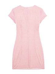 LIZAKOSHT  -  Spring/summer European and American Ladies' Short-sleeved Dresses with Small Plaid Pink Ribbons and Knotted Bows.
