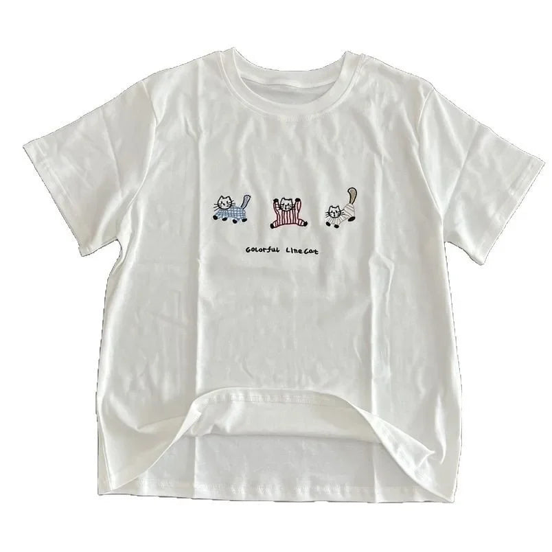 LIZAKOSHT  -  Korean Style Cat Embroidery Short Sleeve Crew Neck T-Shirt Casual Summer New White Women's Top Fashionable Girl's Clothing