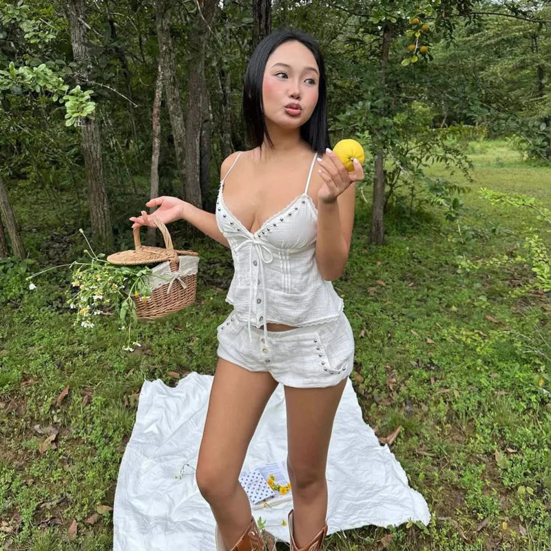 LIZAKOSHT  -  Women White Lace Up Rivet Decorated Single Vest Mini Shorts Gentle Sweetheart Set Suitable For Beach Vacation Pastoral Scenery