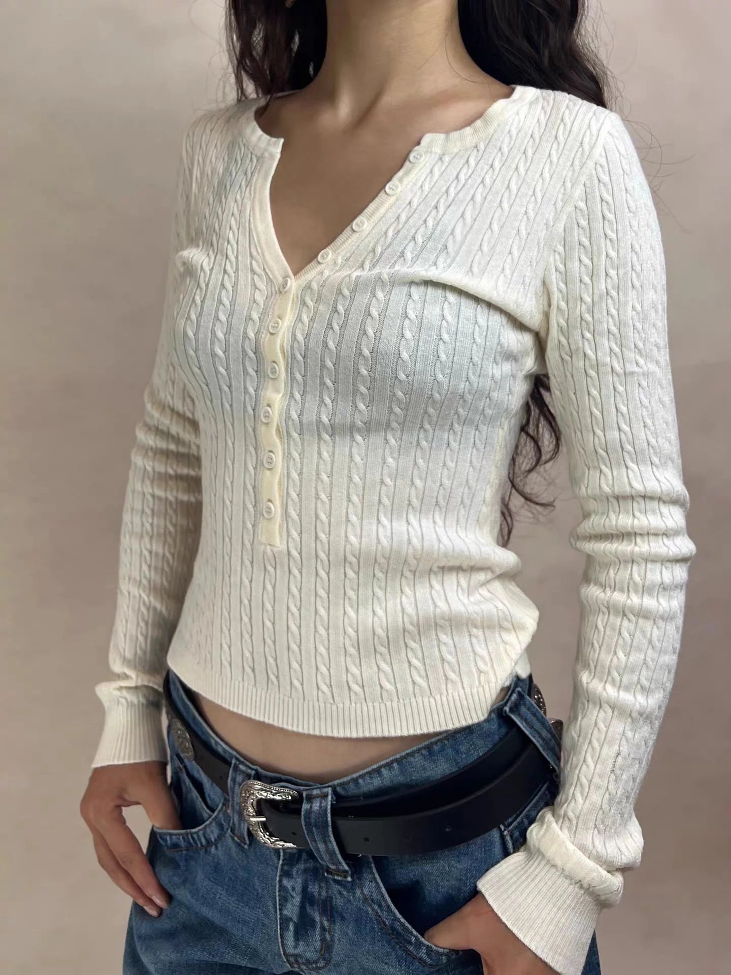 LIZAKOSHT  -  Twist Flower Buttons Knitwear Woman Autumn O-neck Long Sleeve Knitted Slim Pullovers Casual Simple Solid Baisc Sweater Y2k Tops