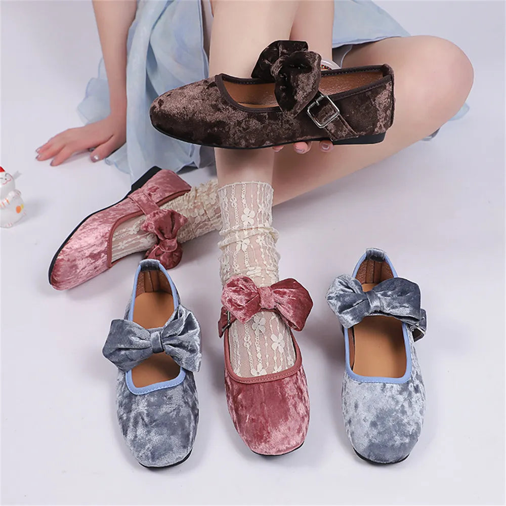LIZAKOSHT  -  Size 42 flannel Sweet Lolita Mary Janes Shoes Comfy Sole Big Bow Tie Pink Flats Shoes Women