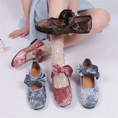 LIZAKOSHT  -  Size 42 flannel Sweet Lolita Mary Janes Shoes Comfy Sole Big Bow Tie Pink Flats Shoes Women