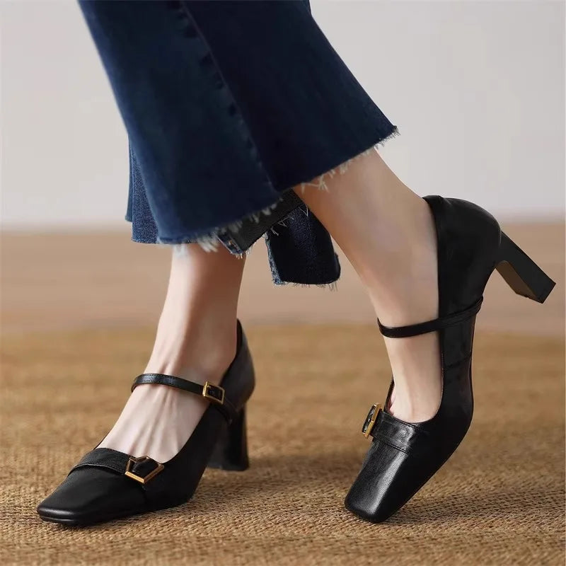 LIZAKOSHT  -  Metal Buckle Decoration Mary Jane Shoes Women Comfortable Leather High Heels Elegant Chunky Heel Women Pumps Zapatos De Mujer