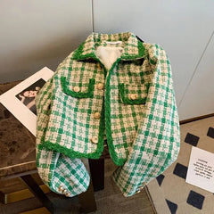 LIZAKOSHT  -  New Korean Tweed Jacket Vintage Green Outerwear Spring Autumn Women Coat Cropped Jacket Long Sleeve Button Turndown Collar Suit