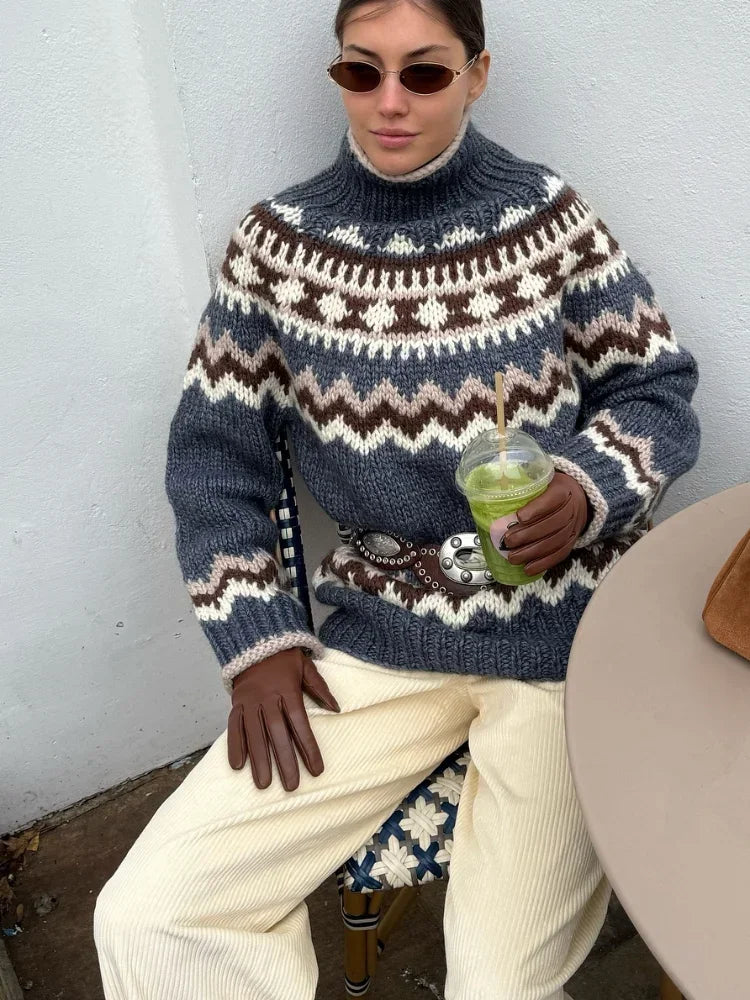 LIZAKOSHT  -  Printed Knitted Pullover Sweater Women Turtleneck Long Sleeves Loose Sweaters All-match Early Spring New Ladies Knitwear