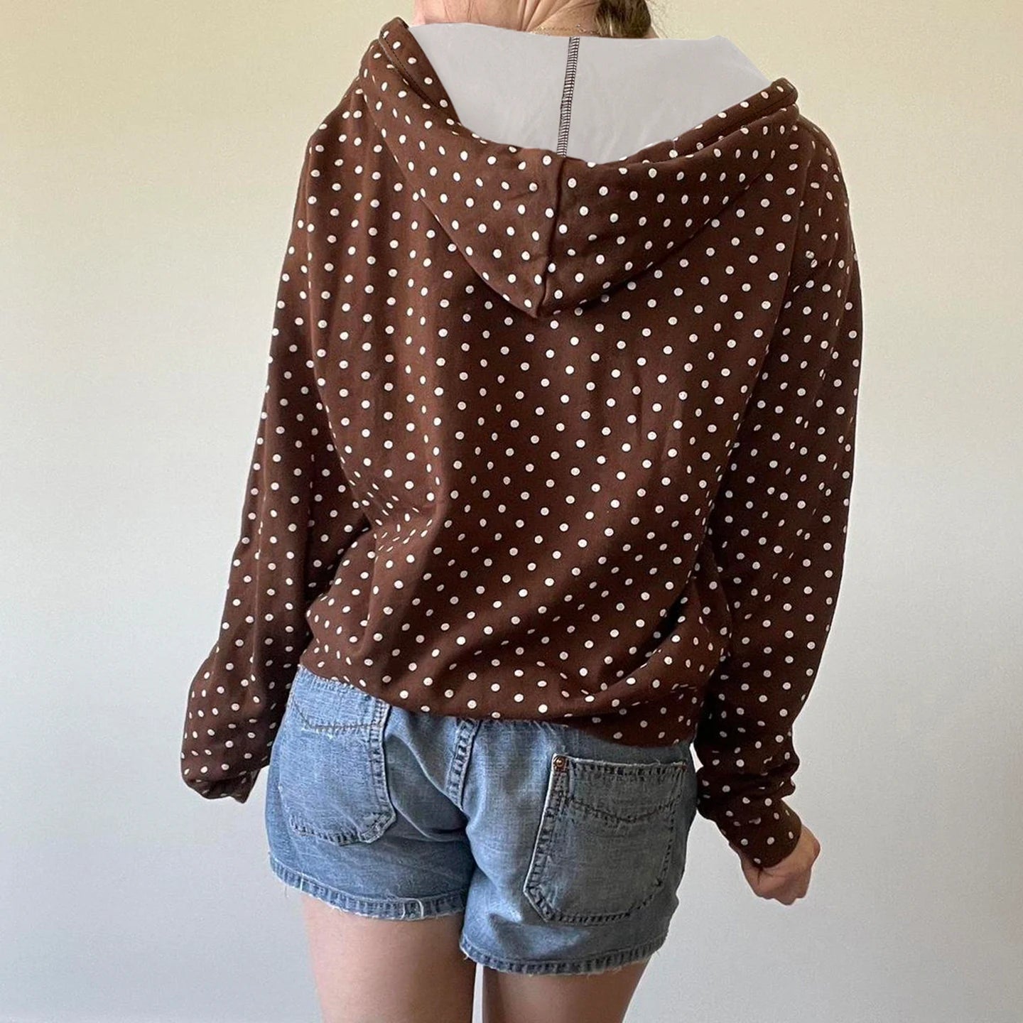 LIZAKOSHT  -  Retro Brown Polka Dot Print Hooded Sweatshirt Women Zip-Up hoodie Coats Clothes Women Autumn Going Out Outfit Streetwea