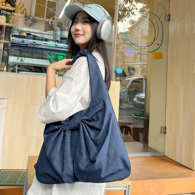 LIZAKOSHT  -  Large Capacity Bow Shoulder Bags For Women Denim Sling Packages Sweet Cloth Female Bags Korea Style Canvas Casual Tote For Girl
