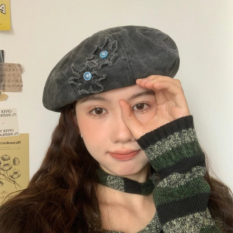 Lizakosht Japanese Retro Flower Patch Beret Spring and Summer Travel Sunscreen Versatile Model Thin Cute Painter Caps Woman's Berets