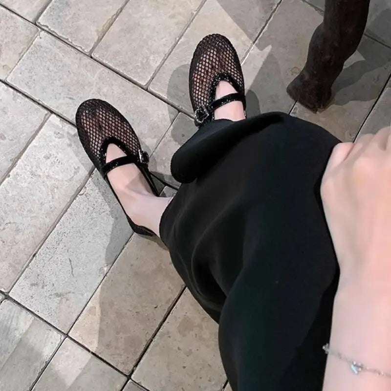 LIZAKOSHT  -  Summer Fashion Designer Rhinestones Round Toe Mary Janes Women Flat Mesh Sandals Buckle Strap Comfortable Outdoor Dress Shoes
