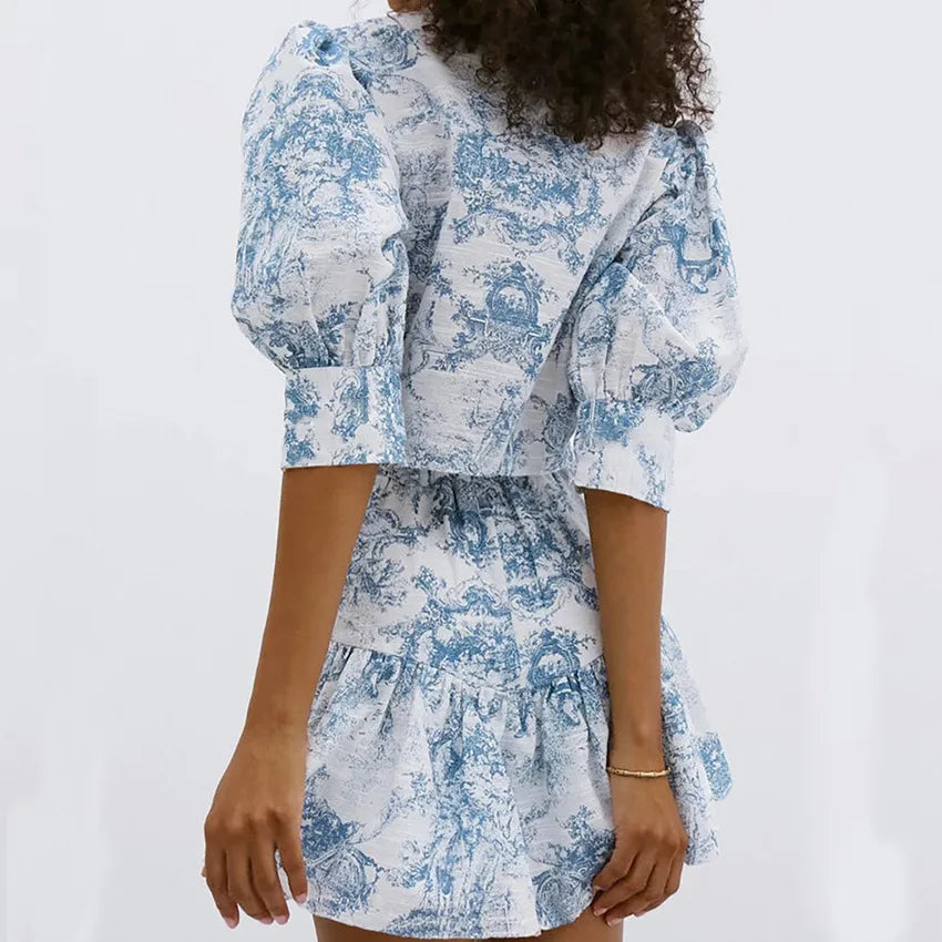 LIZAKOSHT  -  Chic Summer Women Stand Collar Flowers Printed Shirt Short Sleeved Floral Blouses Slim Fit Tops + A-Line Pleated Skirt 2Pcs Set
