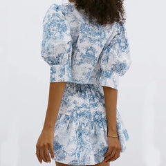 LIZAKOSHT  -  Chic Summer Women Stand Collar Flowers Printed Shirt Short Sleeved Floral Blouses Slim Fit Tops + A-Line Pleated Skirt 2Pcs Set