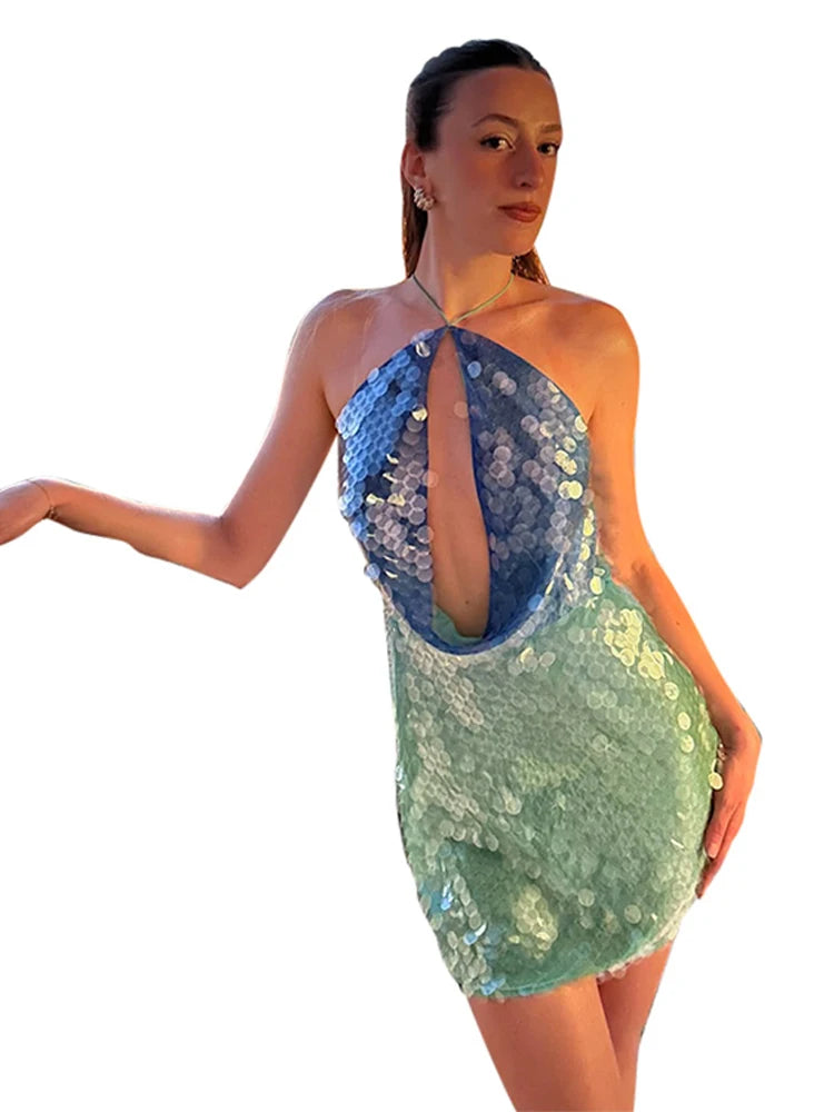 LIZAKOSHT  -  Sequins Contrast Color Halter Mini Dress Women Hollow Out Backless Off Shoulder Party Dresses 2025 Summer Street Glitter Robe