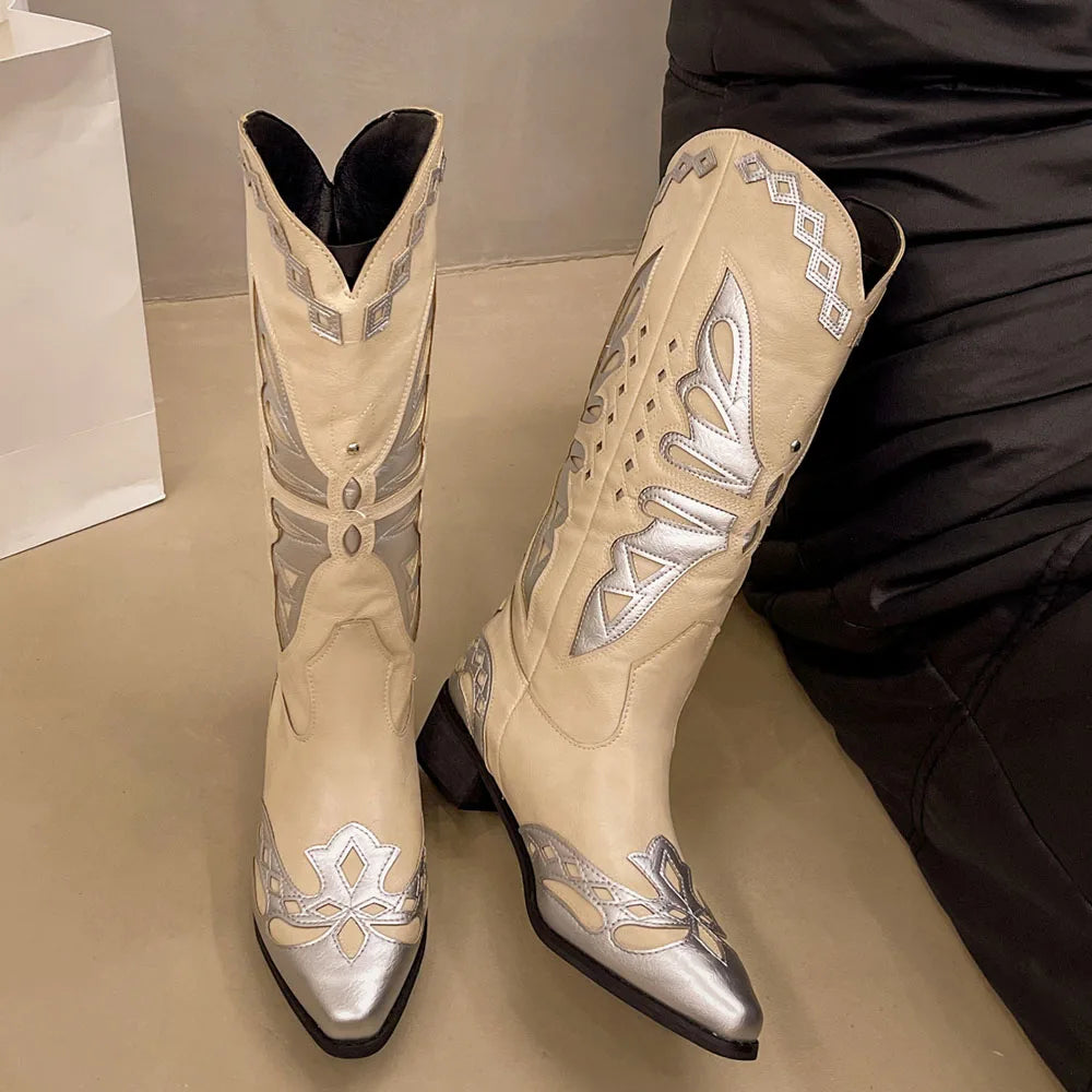 LIZAKOSHT  -  Retro Western Boots Vintage Cream Cowboy Boots Women Shoes Embroidered Pull On Chunky Heels Mid Calf Black Cowgirls Boots