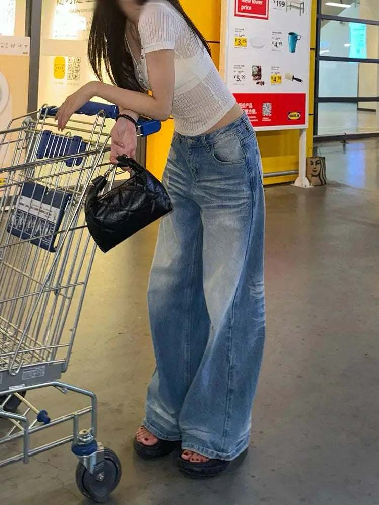 LIZAKOSHT  -  Simple Washed Blue High Waist Straight Jeans Stylish Street Trend Jeans Harajuku Hip Hop Hot Girl Y2k Jeans Women Clothing