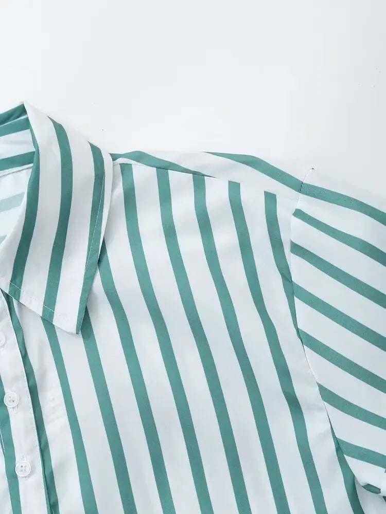 LIZAKOSHT  -  Women's Striped Shirt Trousers Suit Lapel Short-sleeved Top Side Striped Elastic Waist Pants Spring Summer New Chic Suit