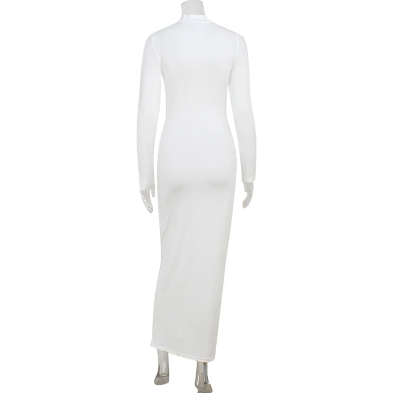 LIZAKOSHT  -  Women's Clothing With Hollow Out Long Sleeve Half High Collar Temperament Skinny White Party Long Dresses Evening Robes