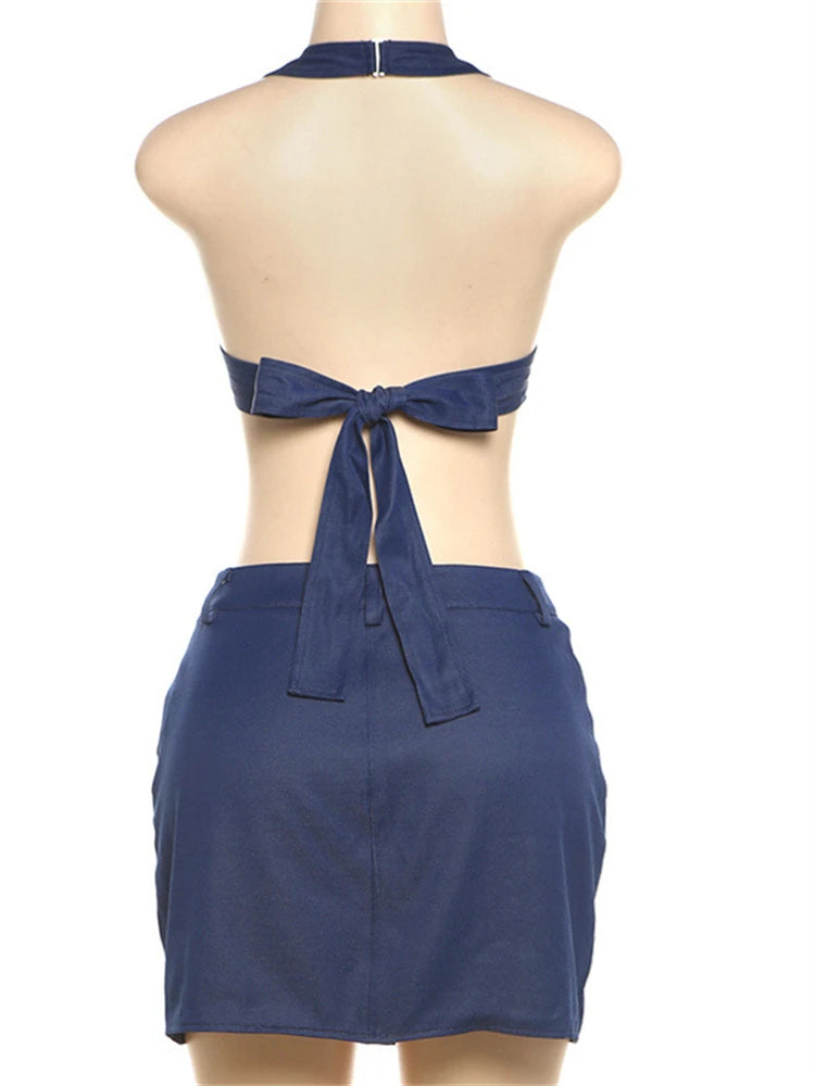 LIZAKOSHT  -  Summer Y2K Denim Sexy 2 Piece Set Streetwear Women 2024 Halter Backless Bandage Irregular Crop Tops And Bodycon Skirt Set
