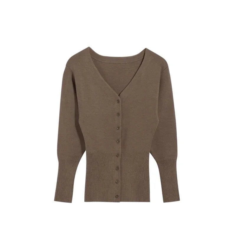 LIZAKOSHT  -  Elegant Women's Knitted Cardigan Slim V-neck Single Breasted Long Sleeve Sweater Autumn Winter Lady Vintage Solid Knitwear