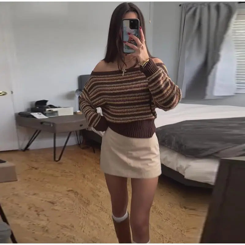 LIZAKOSHT  -  Women's Striped Off-Shoulder Cropped Knit Sweater Full Sleeve Waist Cinching Top 2026 Spring Autumn Female Daily Casual Outings