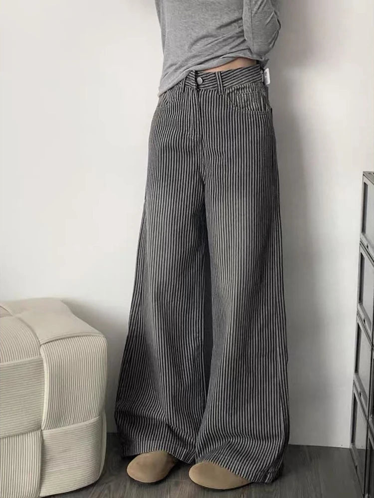 LIZAKOSHT  -  Striped Vintage Loose Jeans High Waist Streetwear Harajuku Women Casual Denim Pants American Retro Fall Winter Wide Leg Trouser
