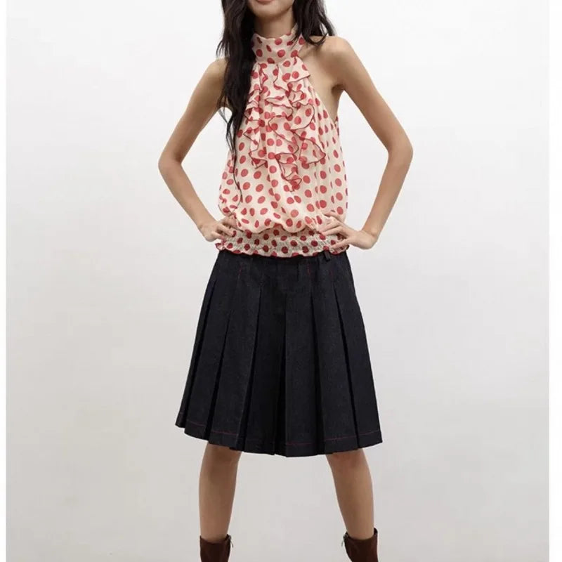 LIZAKOSHT  -  2026 Summer Polka Dot Half Turtleneck Splicing Loose Sleeveless Women's Top T-Shirt