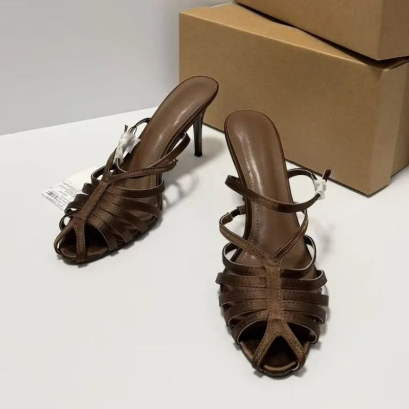 LIZAKOSHT  -  Summer Retro Style High Heels Women Roman Sandals Breathable Weaving Hollow Out Elegant Back Strap Date Banquet Lady Shoes