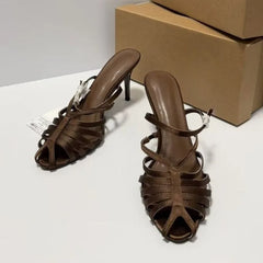 LIZAKOSHT  -  Summer Retro Style High Heels Women Roman Sandals Breathable Weaving Hollow Out Elegant Back Strap Date Banquet Lady Shoes
