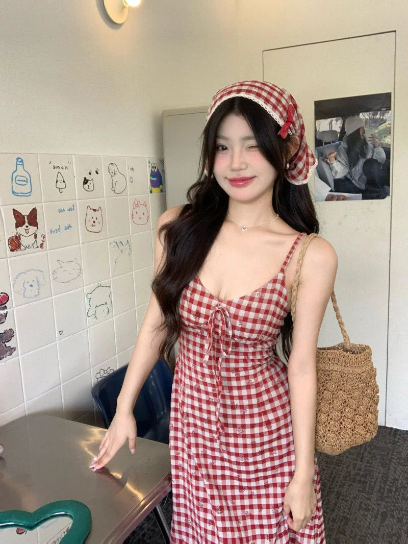 LIZAKOSHT  -  Sexy Backless Red Plaid Dress Women Summer Sweet Skinny Spaghetti Strap Dress Pretty Style Chic Elegant Party Night Vestidos