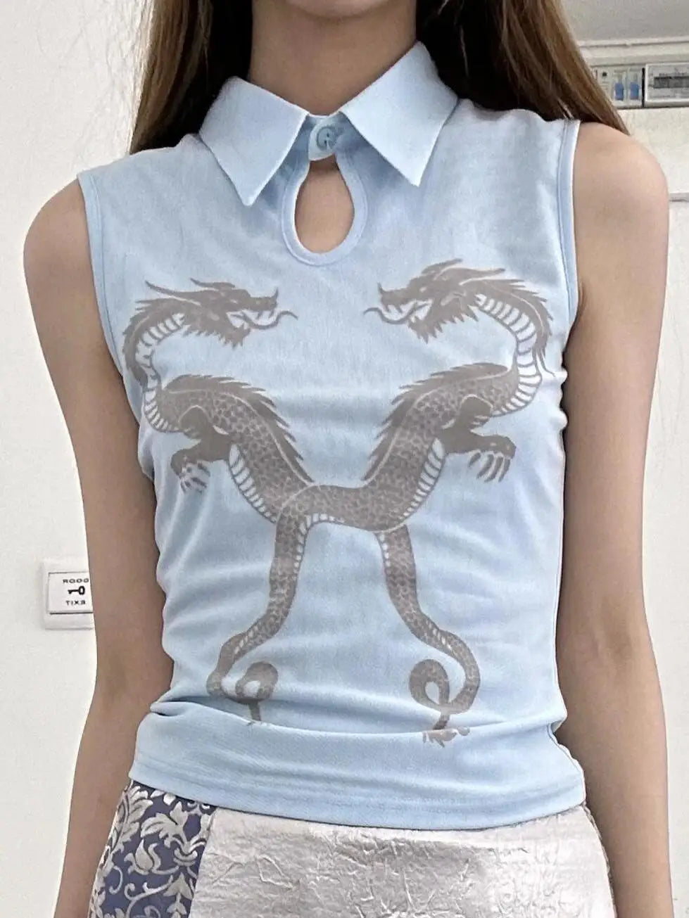 LIZAKOSHT  -  Tank Tops Polo Collar Suspender Hollow New Chinese Mesh Double Dragon Flocking Slim Summer New Women'S Top Retro