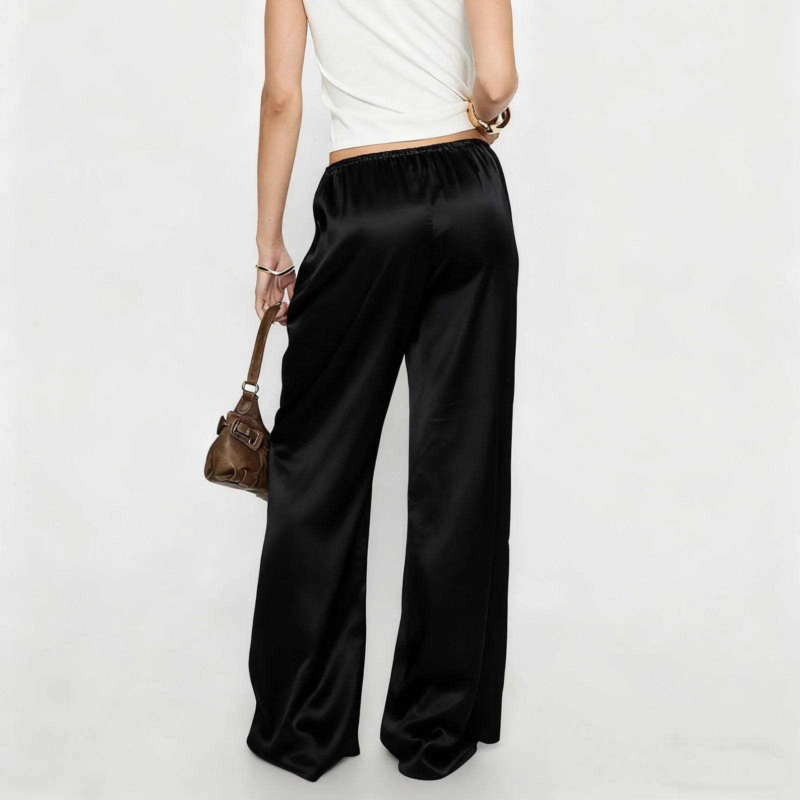 LIZAKOSHT  -  Women Satin Wide Leg Dress Pants Silk Casual Dressy Long Flowy Pants Elastic High Waisted Trousers