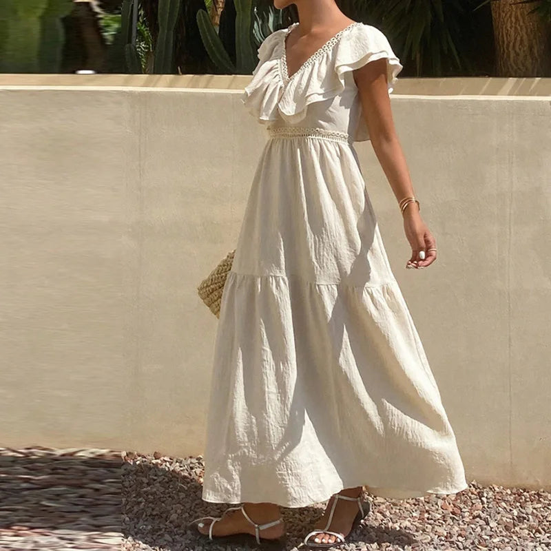 LIZAKOSHT  -  Fashion Double V-neck Solid Color Dress Elegant High Waist Hollow Out Party Dress Summer New Bohemian Style Beach Vacation Dress