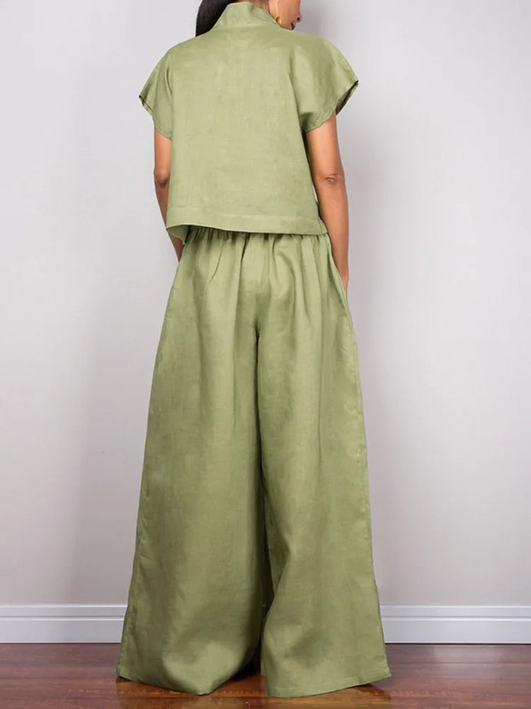 LIZAKOSHT  -  Women's Cotton and Linen Casual Pants Elastic High Waist Full Length Wide Leg Trousers Summer Loose Fit Bottoms
