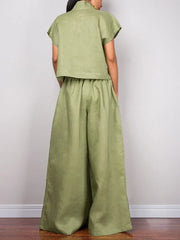 LIZAKOSHT  -  Women's Cotton and Linen Casual Pants Elastic High Waist Full Length Wide Leg Trousers Summer Loose Fit Bottoms