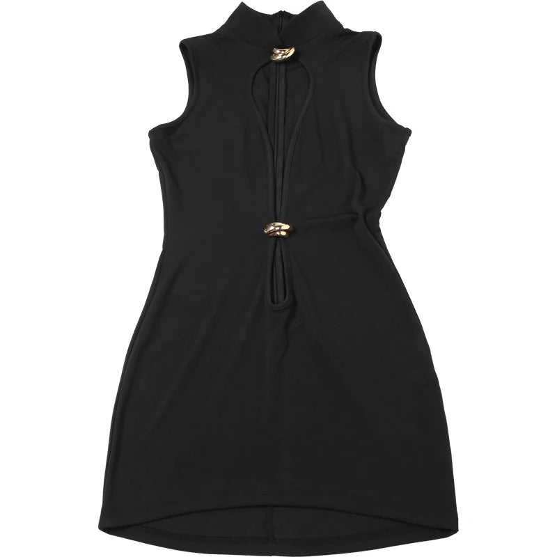 LIZAKOSHT  -  Fashion Metal Decoration Hollow Out Skinny Short Dress High Street Women Slim Sleeveless Stand Collar High Waisted Vestidos