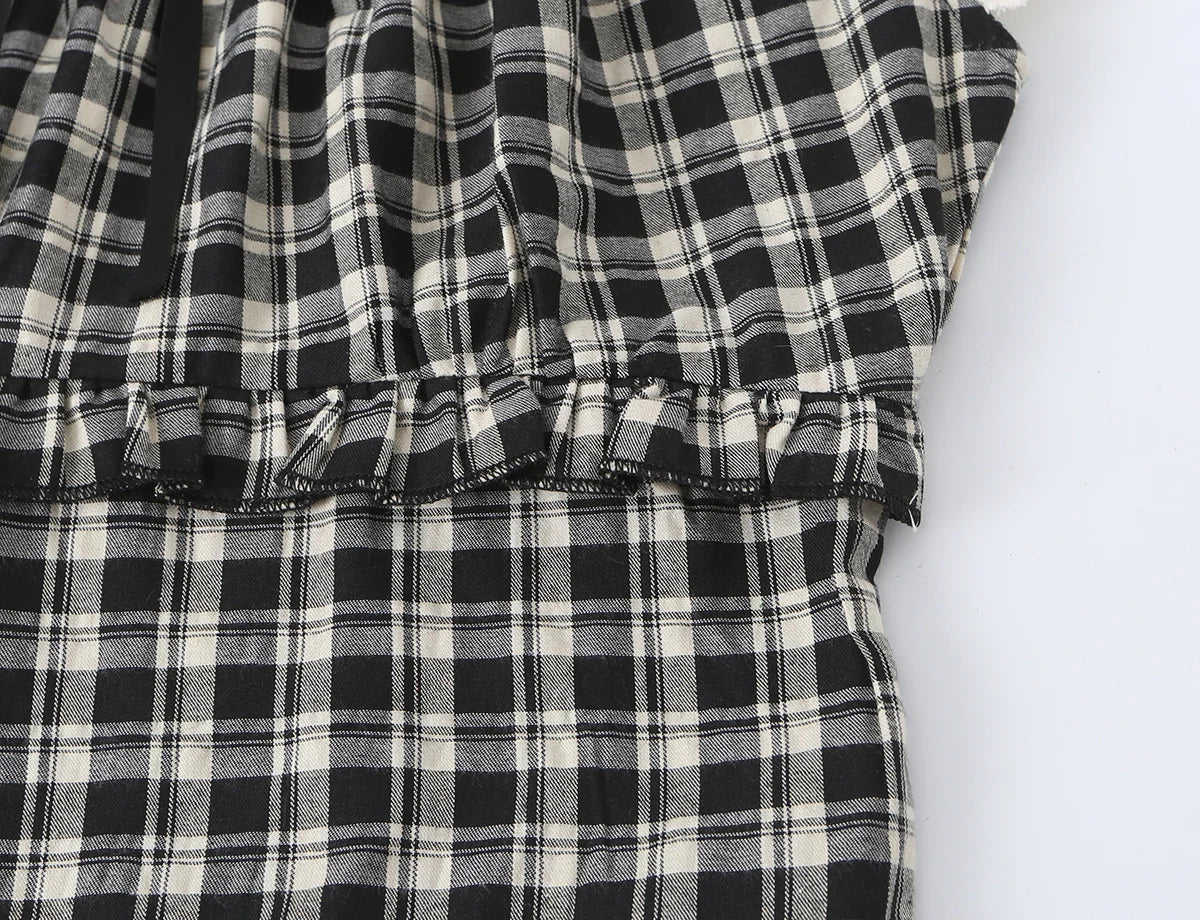 LIZAKOSHT  -  Summer Women Plaid Spliced Lace Bow O Collar Elastic Strap Tank Top Slim Corset Wood ears Slim Waist Elastic Back Crop Vest