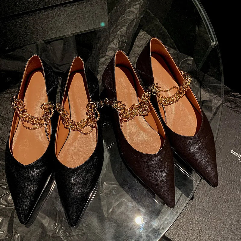 LIZAKOSHT  -  Fashion Pumps New High Quality Genuine Leather Chain Pointed Shallow Mouth Low Heel Women's Shoes Modern Commuter Shoes